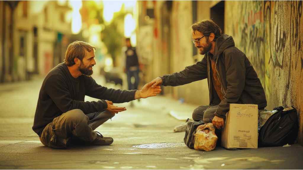 Two men sit on a graffiti-covered street, warmly exchanging a handshake. One is seated against a wall with a box and a bag, conveying friendship and compassion.