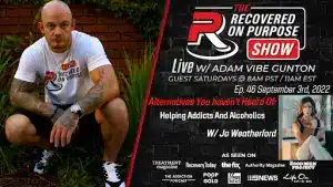 Man kneeling with tattoos and a focused expression, promoting "The Recovered On Purpose Show." Includes show details and platforms, with photo of a woman featured.