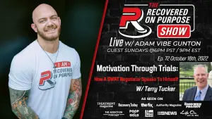 A bald man smiles confidently, wearing a "Recovered On Purpose" shirt. Text promotes the "Recovered On Purpose Show" featuring Terry Tucker on October 16th, 2022.
