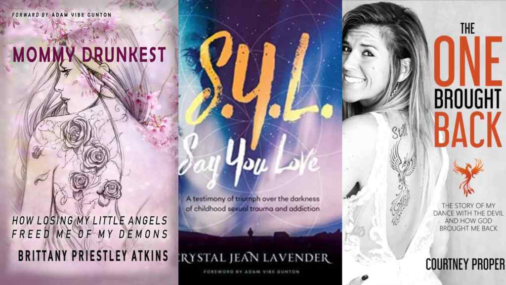 A collage of three book covers: "Mommy Drunkest" with a floral illustration; "S.Y.L. Say You Love" featuring bold text on a cosmic background; "The One Brought Back" showing a smiling woman with a tattoo.