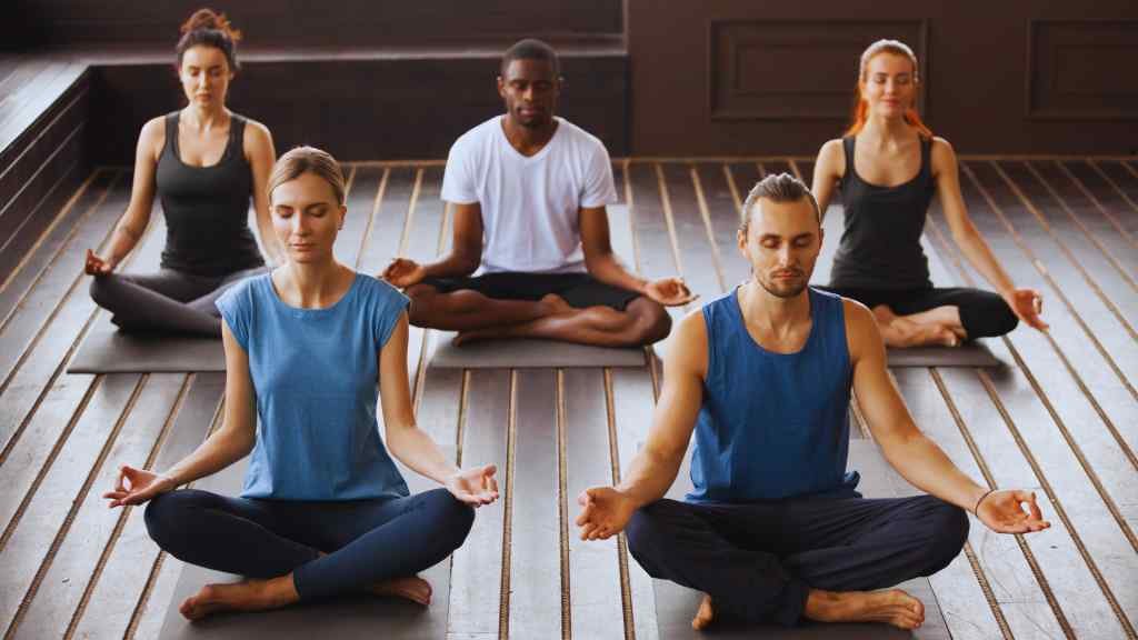 A diverse group of five people meditate indoors, sitting cross-legged on yoga mats. They are focused and relaxed, with eyes closed and hands resting on their knees.