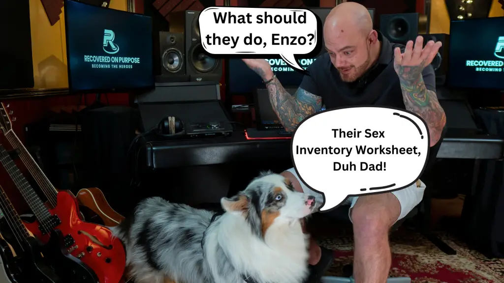 Man with tattoos sitting in a music studio, animatedly gesturing at a fluffy dog. The dog "responds" with a speech bubble, creating a humorous interaction.
