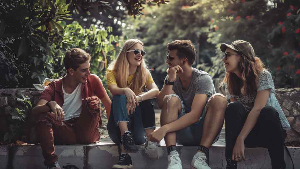 Four young adults sit on outdoor steps, smiling and chatting. Sunlight filters through trees, creating a relaxed and joyful atmosphere.