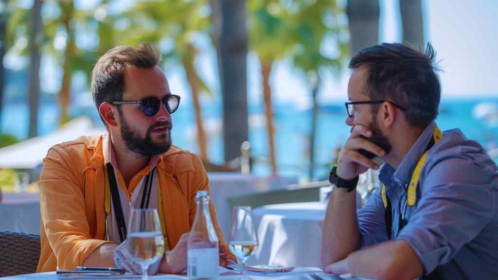 Two men wearing lanyards and sunglasses, sit at an outdoor restaurant table, engaged in conversation. Palm trees and ocean backdrop suggest a tropical setting.