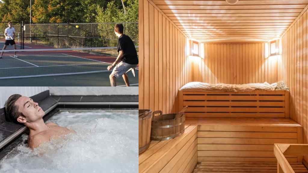 Split image showing two men playing tennis on a court, a man relaxing in a bubbling hot tub, and a warm, inviting wooden sauna interior. Bright and soothing atmosphere.