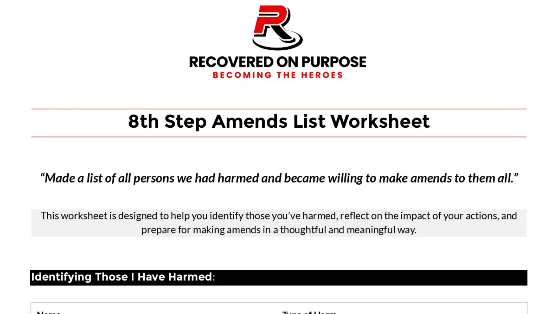 Alt text: "Worksheet titled '8th Step Amends List' from 'Recovered On Purpose.' Features quote on making amends and guidance for identifying those harmed."
