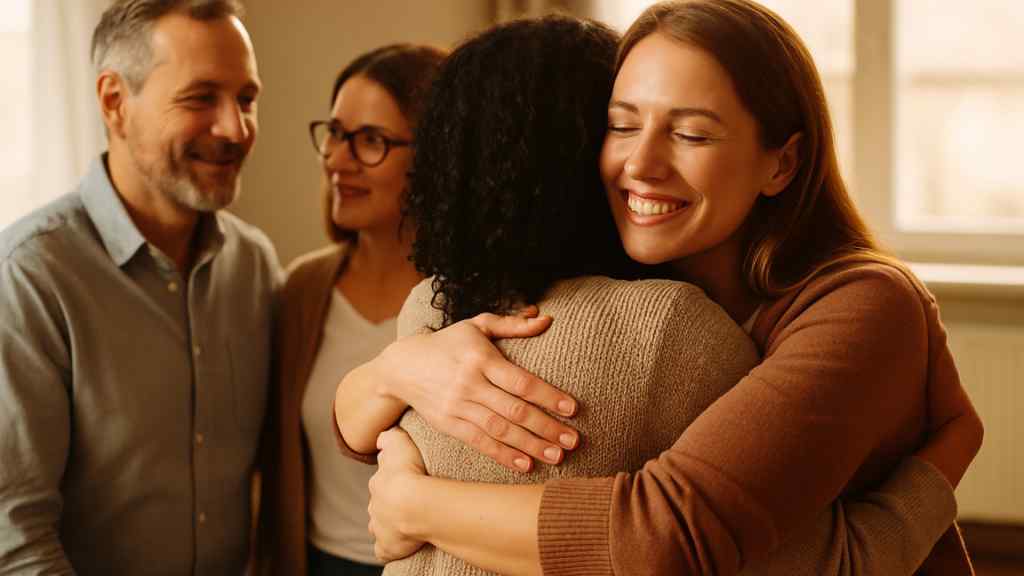 A woman with long hair smiles warmly as she hugs another woman in a cozy room. Two people in the background watch with gentle smiles, conveying a sense of camaraderie and happiness.