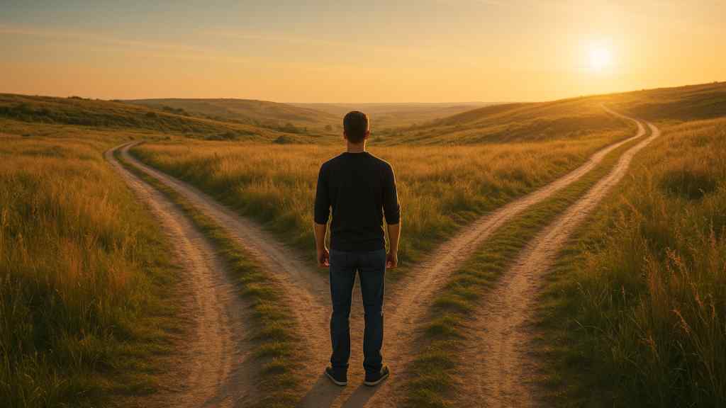 A person faces a fork in a dirt path surrounded by grassy fields, under a warm, golden sunset. The scene evokes contemplation and decision-making.