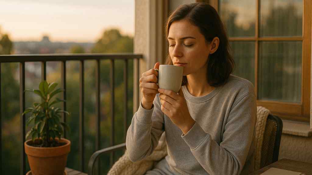 Woman in a grey sweater peacefully sips a mug on a cozy balcony at sunset, with a potted plant beside her and soft light creating a warm ambiance.