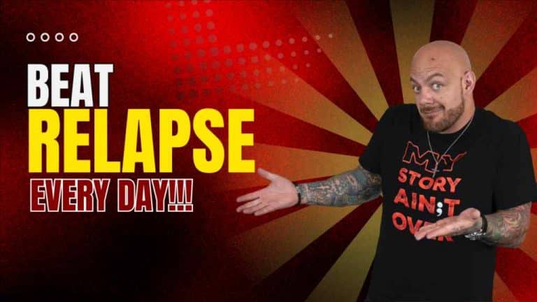 Man with tattoos and a confident expression, wearing a black T-shirt. Bold text: "Beat Relapse Every Day!" on a dynamic red and yellow background.