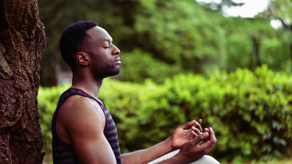 A person meditates outdoors, eyes closed, back against a tree. They hold a calm expression with hands in a mudra position. Green foliage surrounds them.