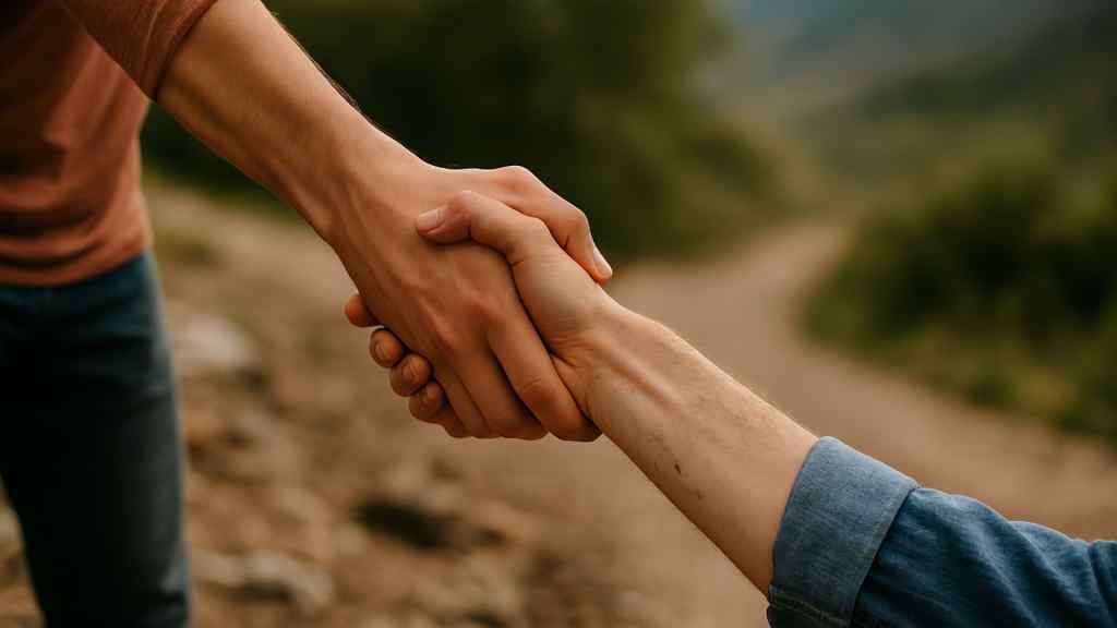 Two hands clasp in a firm handshake outdoors on a blurred path background, symbolizing support and connection amidst a natural setting.