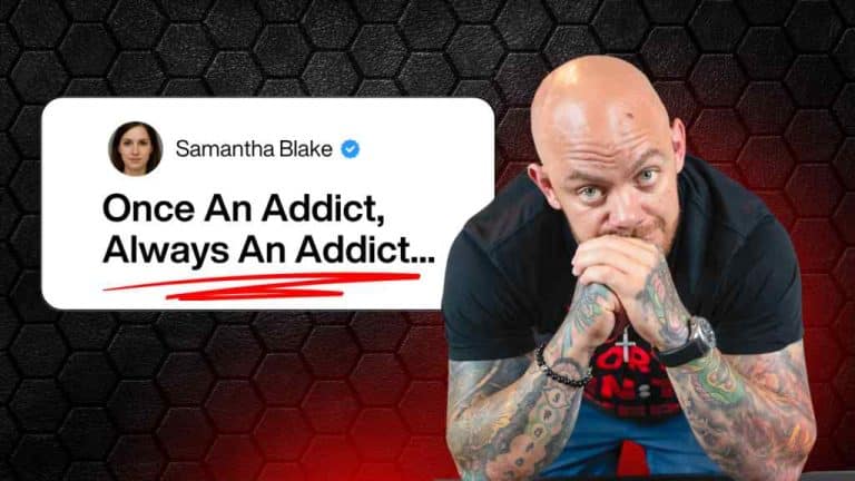 A bald, tattooed man with a thoughtful expression rests his chin on clasped hands. Beside him, text reads "Once An Addict, Always An Addict..." on a hexagonal patterned background.
