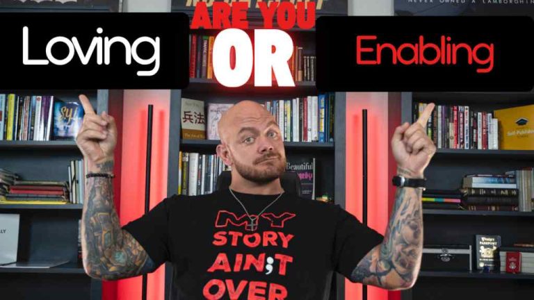 Man with tattoos gestures to signs reading "Loving?" and "Enabling?" in front of a bookshelf. He wears a shirt stating, "My Story Ain't Over."