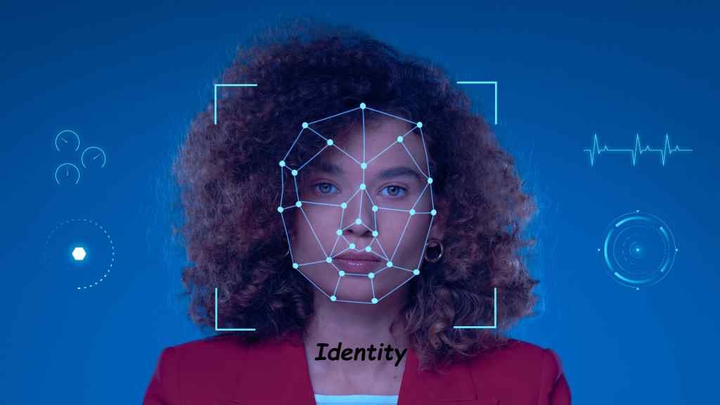 A woman with curly hair is scanned by facial recognition technology. Neon blue digital lines and icons on a blue background convey a tech-focused tone.